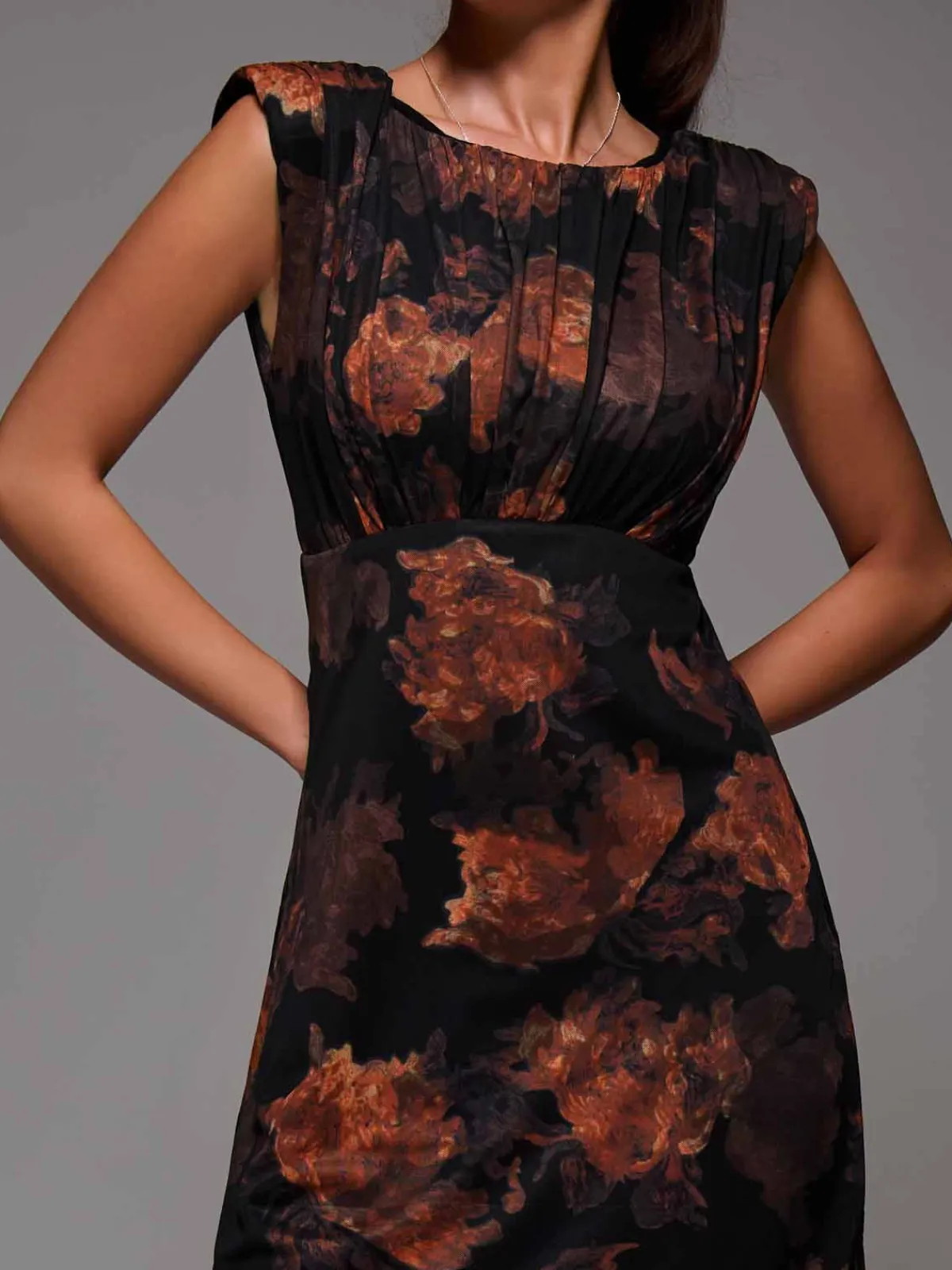 Jolie Moi Occasion Dresses|Sleeveless Dresses-Slash Neck Fit & Flare Mesh Maxi Dress, Amber Abstract