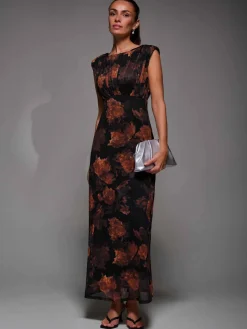 Jolie Moi Occasion Dresses|Sleeveless Dresses-Slash Neck Fit & Flare Mesh Maxi Dress, Amber Abstract