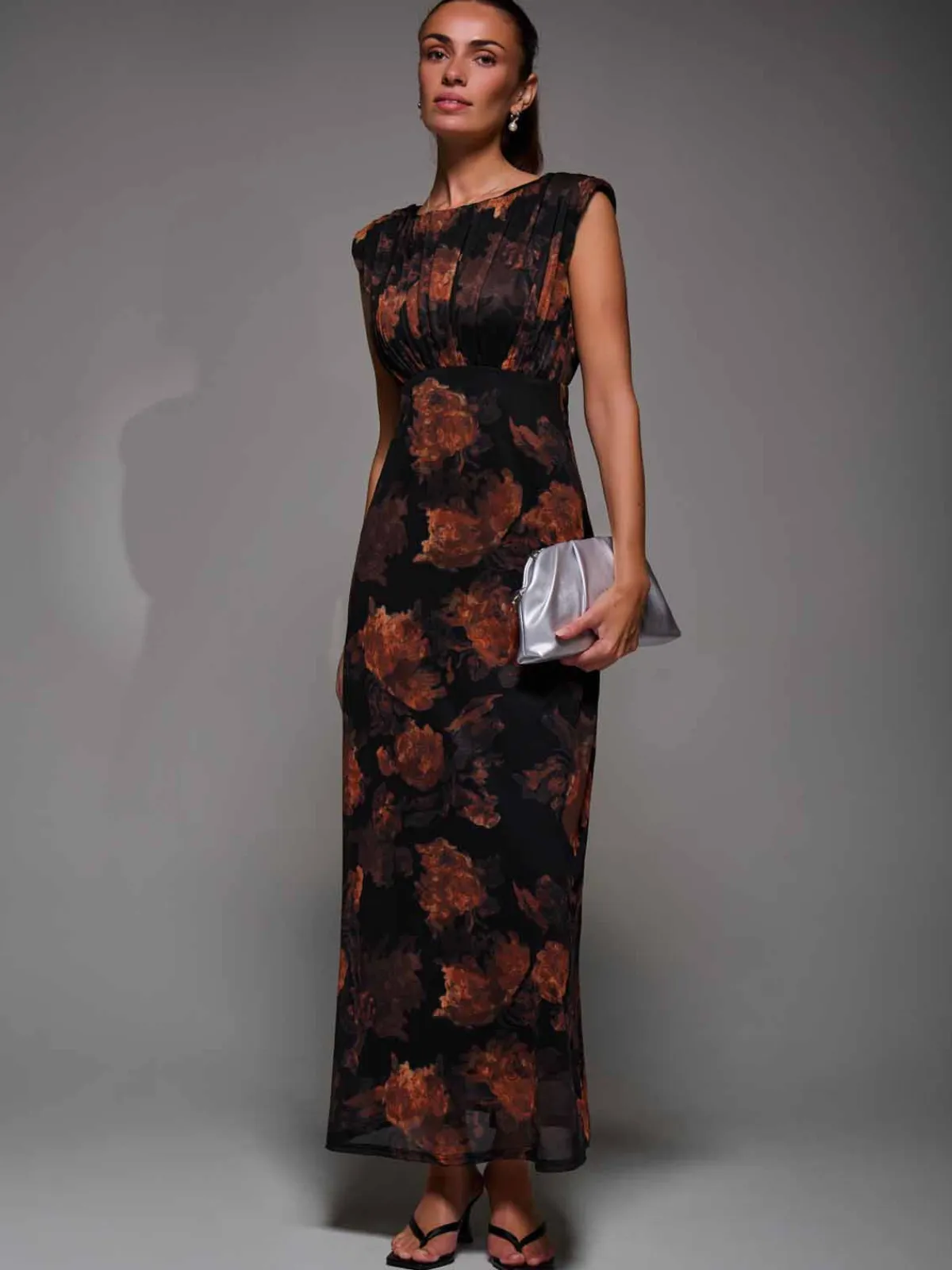 Jolie Moi Occasion Dresses|Sleeveless Dresses-Slash Neck Fit & Flare Mesh Maxi Dress, Amber Abstract