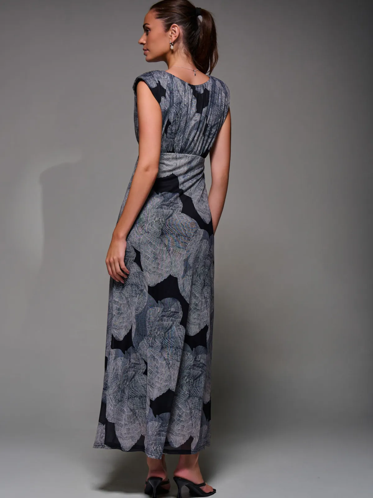 Jolie Moi Occasion Dresses|Floral Dresses-Slash Neck Fit & Flare Mesh Maxi Dress, Black Abstract