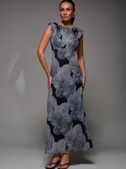 Jolie Moi Occasion Dresses|Floral Dresses-Slash Neck Fit & Flare Mesh Maxi Dress, Black Abstract