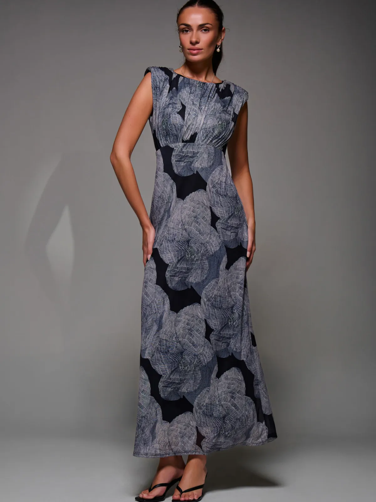 Jolie Moi Occasion Dresses|Floral Dresses-Slash Neck Fit & Flare Mesh Maxi Dress, Black Abstract