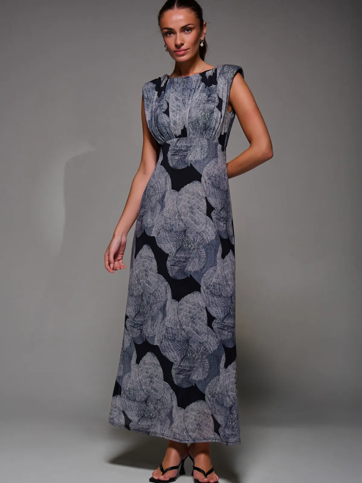 Jolie Moi Occasion Dresses|Floral Dresses-Slash Neck Fit & Flare Mesh Maxi Dress, Black Abstract