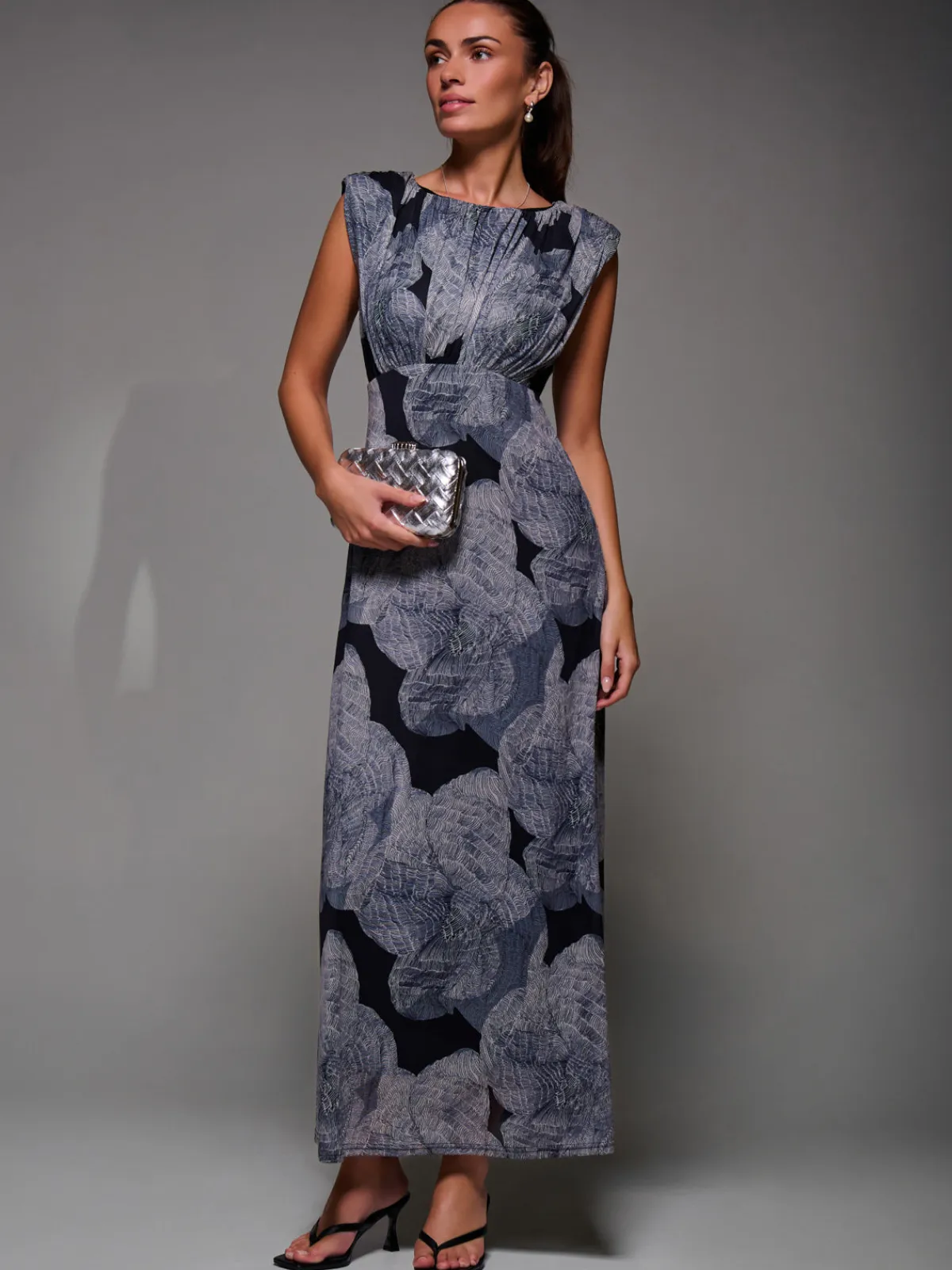Jolie Moi Occasion Dresses|Floral Dresses-Slash Neck Fit & Flare Mesh Maxi Dress, Black Abstract
