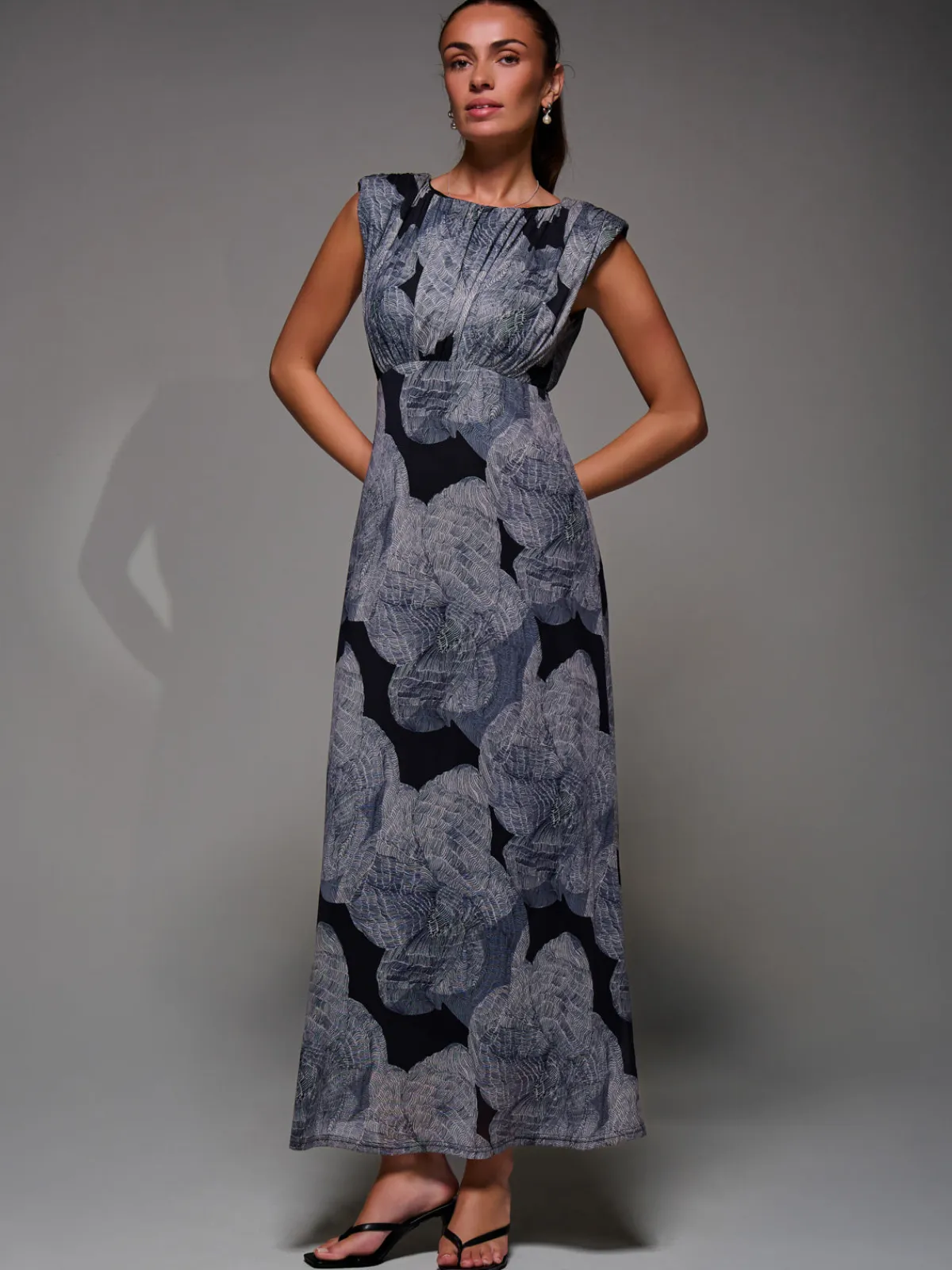 Jolie Moi Occasion Dresses|Floral Dresses-Slash Neck Fit & Flare Mesh Maxi Dress, Black Abstract