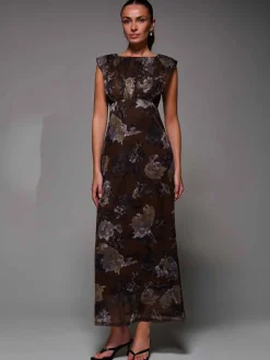 Jolie Moi Occasion Dresses|Sleeveless Dresses- Slash Neck Fit & Flare Mesh Maxi Dress Brown Abstract