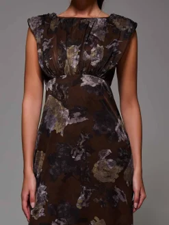 Jolie Moi Occasion Dresses|Sleeveless Dresses- Slash Neck Fit & Flare Mesh Maxi Dress Brown Abstract