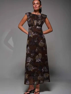 Jolie Moi Occasion Dresses|Sleeveless Dresses- Slash Neck Fit & Flare Mesh Maxi Dress Brown Abstract