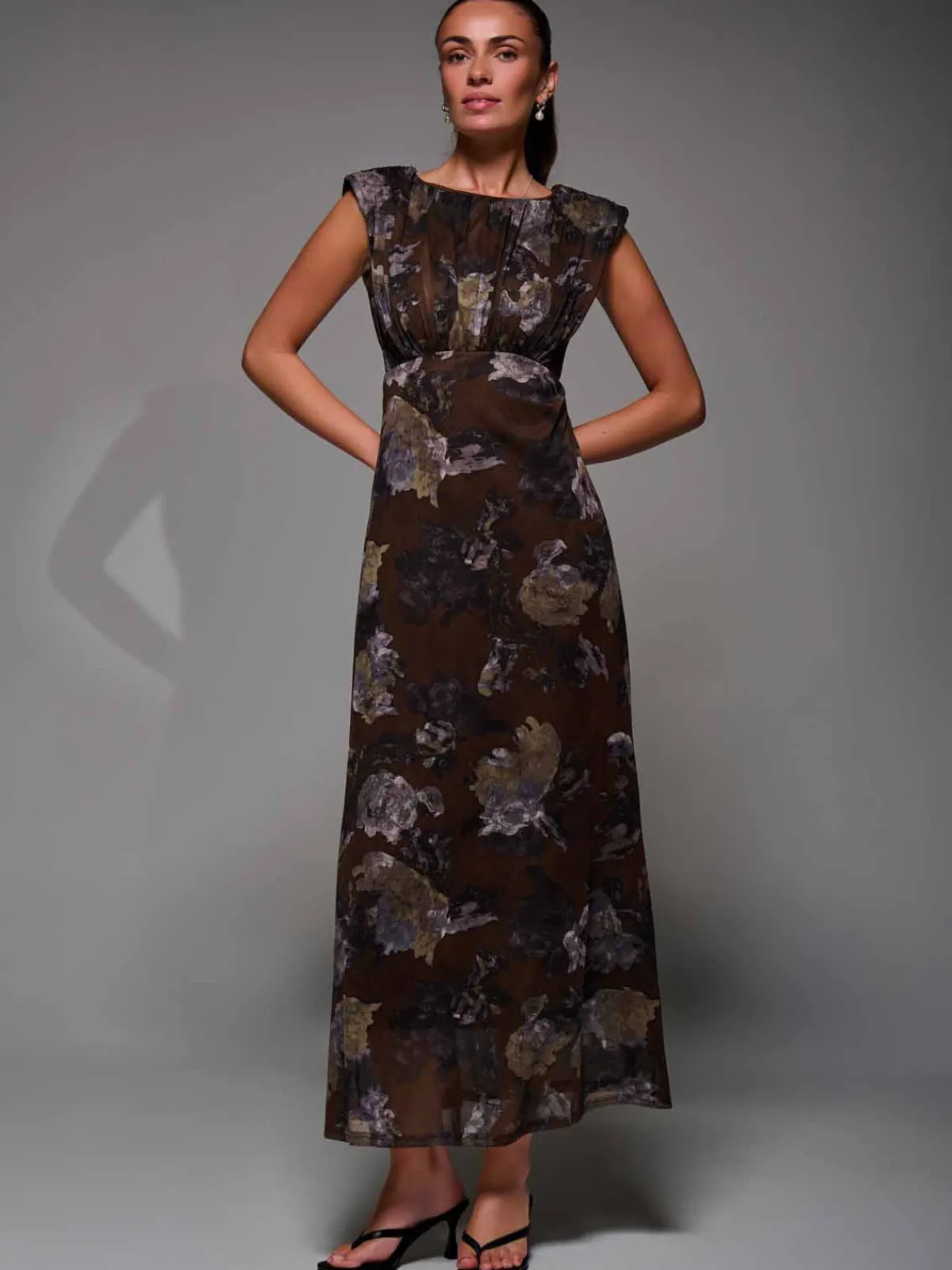 Jolie Moi Occasion Dresses|Sleeveless Dresses- Slash Neck Fit & Flare Mesh Maxi Dress Brown Abstract