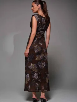 Jolie Moi Occasion Dresses|Sleeveless Dresses- Slash Neck Fit & Flare Mesh Maxi Dress Brown Abstract