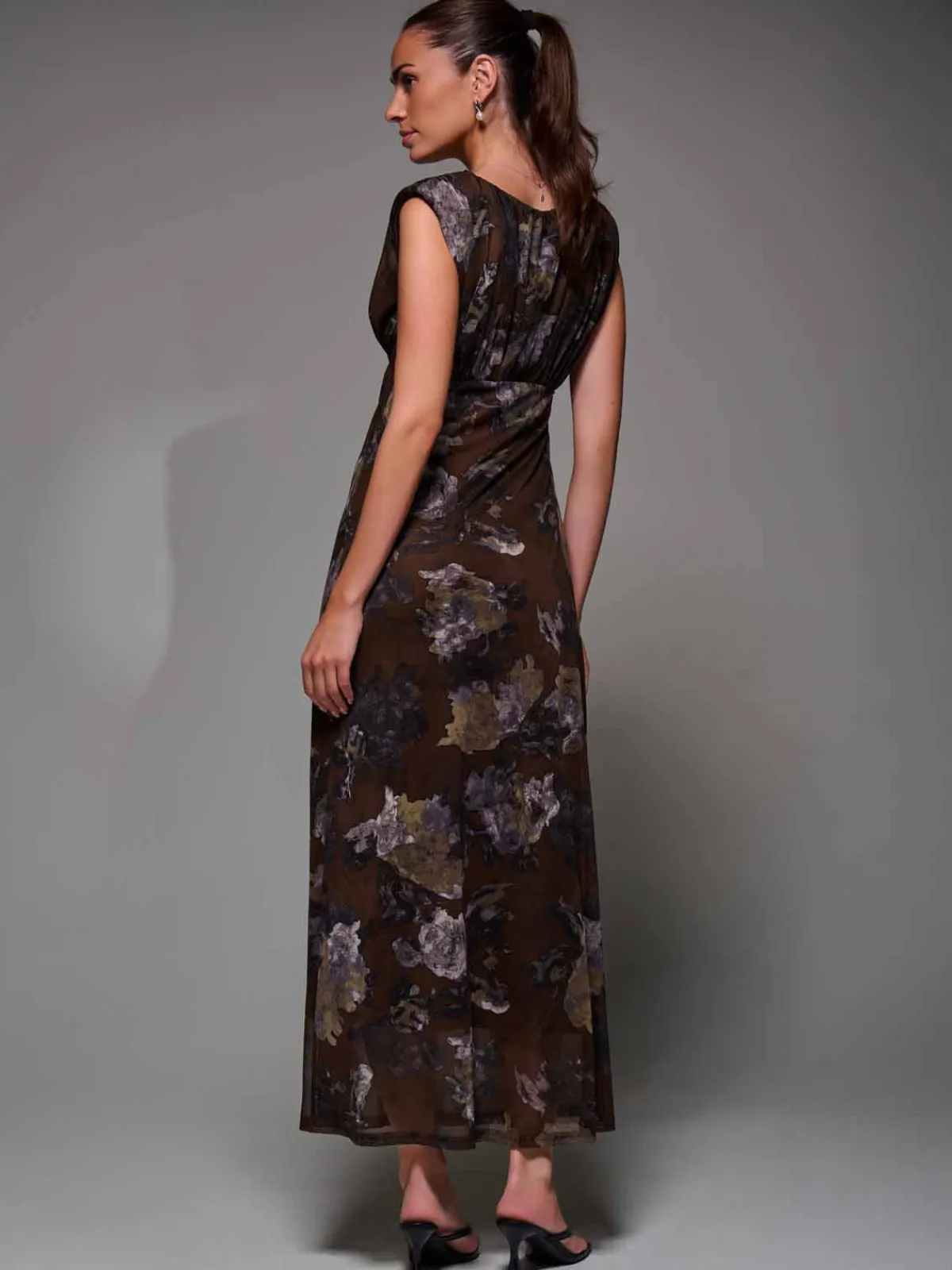 Jolie Moi Occasion Dresses|Sleeveless Dresses- Slash Neck Fit & Flare Mesh Maxi Dress Brown Abstract