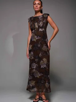 Jolie Moi Occasion Dresses|Sleeveless Dresses- Slash Neck Fit & Flare Mesh Maxi Dress Brown Abstract