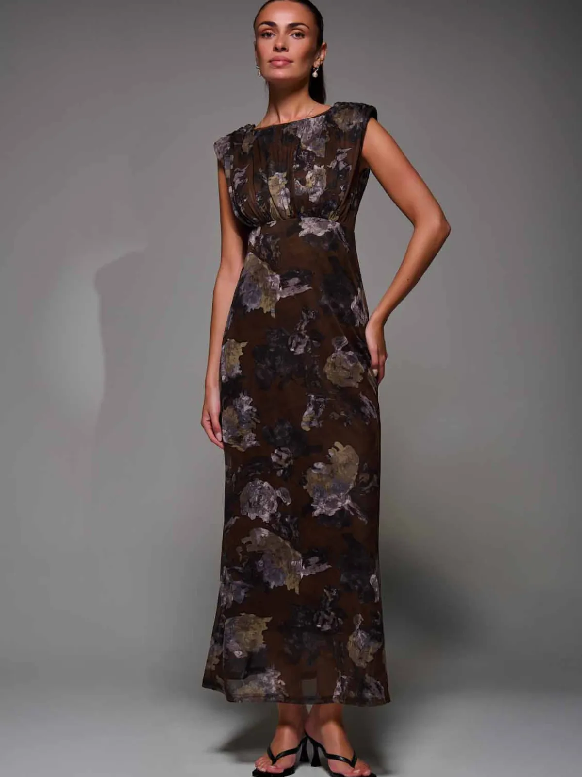 Jolie Moi Occasion Dresses|Sleeveless Dresses- Slash Neck Fit & Flare Mesh Maxi Dress Brown Abstract