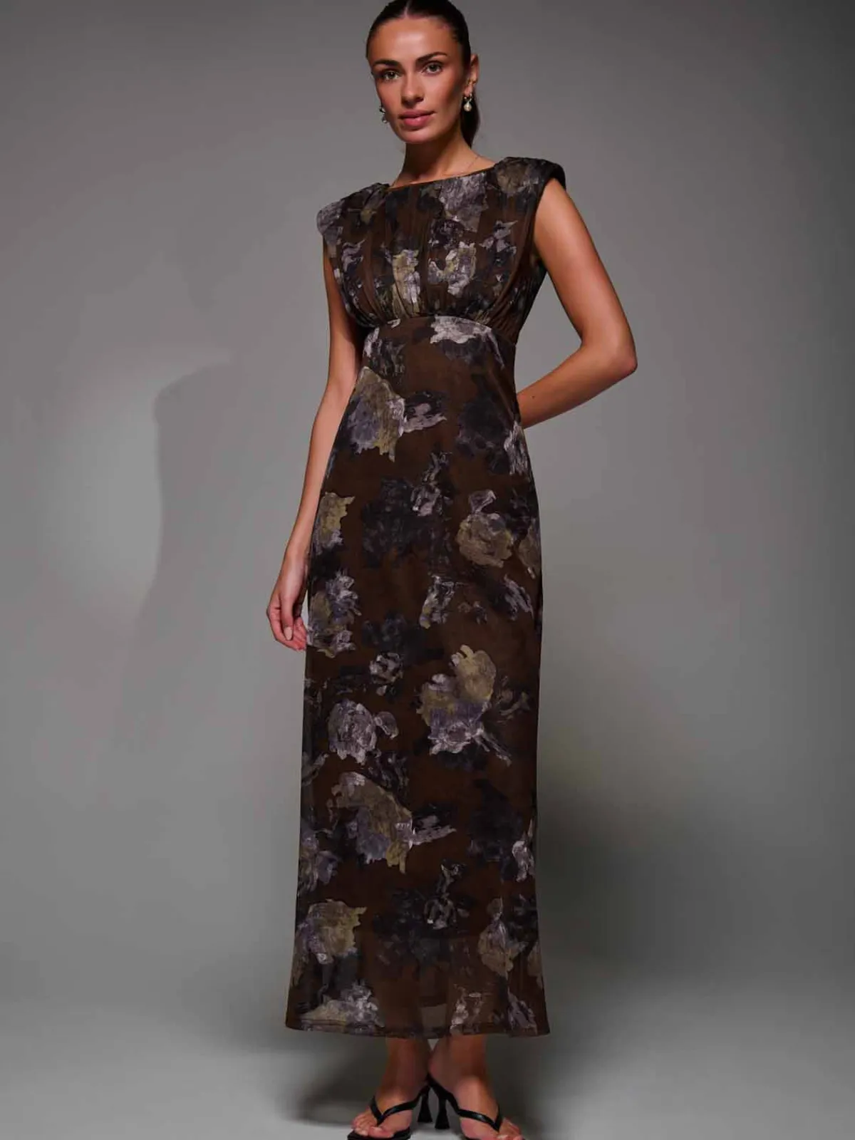 Jolie Moi Occasion Dresses|Sleeveless Dresses- Slash Neck Fit & Flare Mesh Maxi Dress Brown Abstract