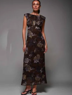 Jolie Moi Occasion Dresses|Sleeveless Dresses- Slash Neck Fit & Flare Mesh Maxi Dress Brown Abstract