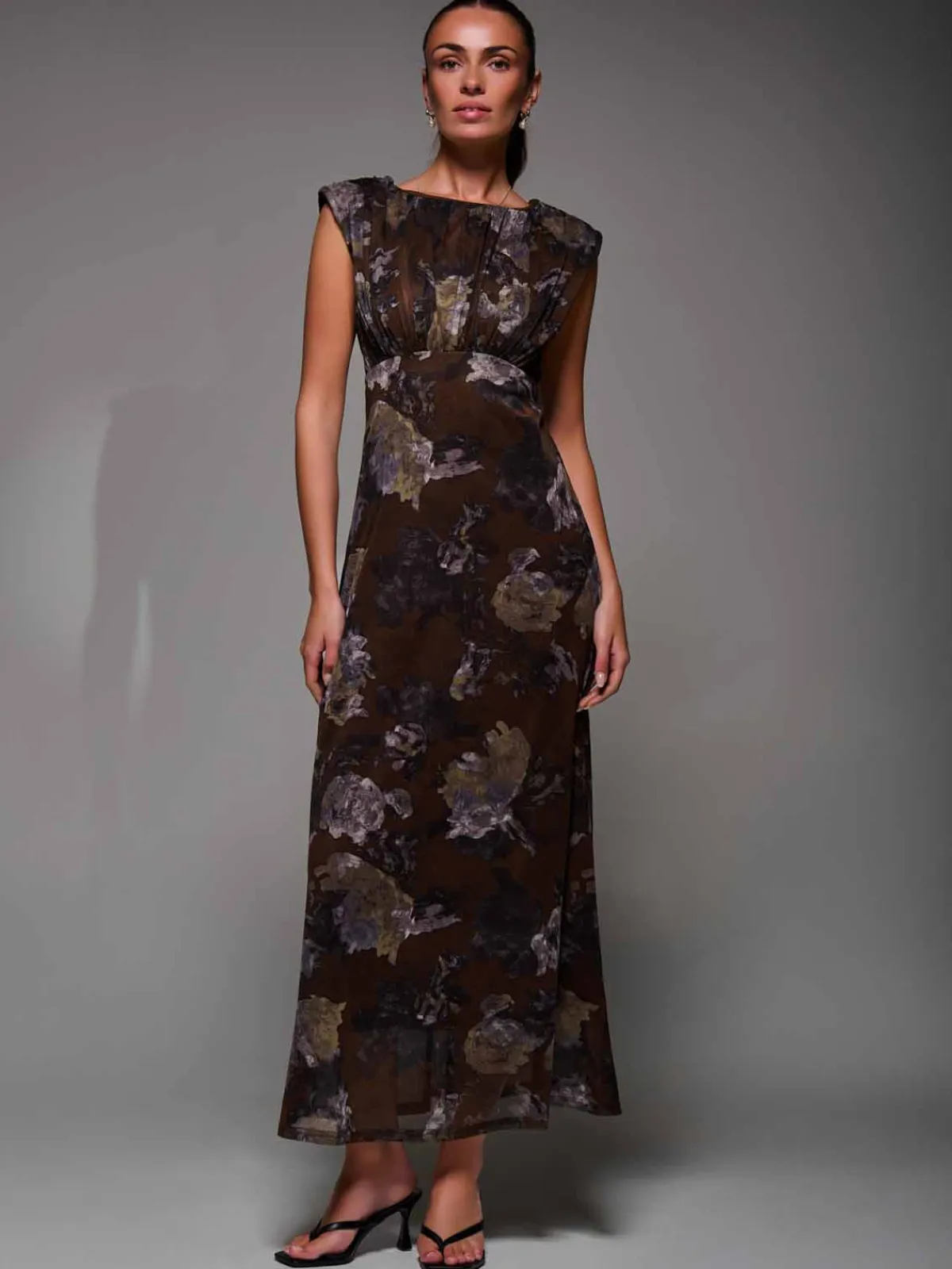 Jolie Moi Occasion Dresses|Sleeveless Dresses- Slash Neck Fit & Flare Mesh Maxi Dress Brown Abstract