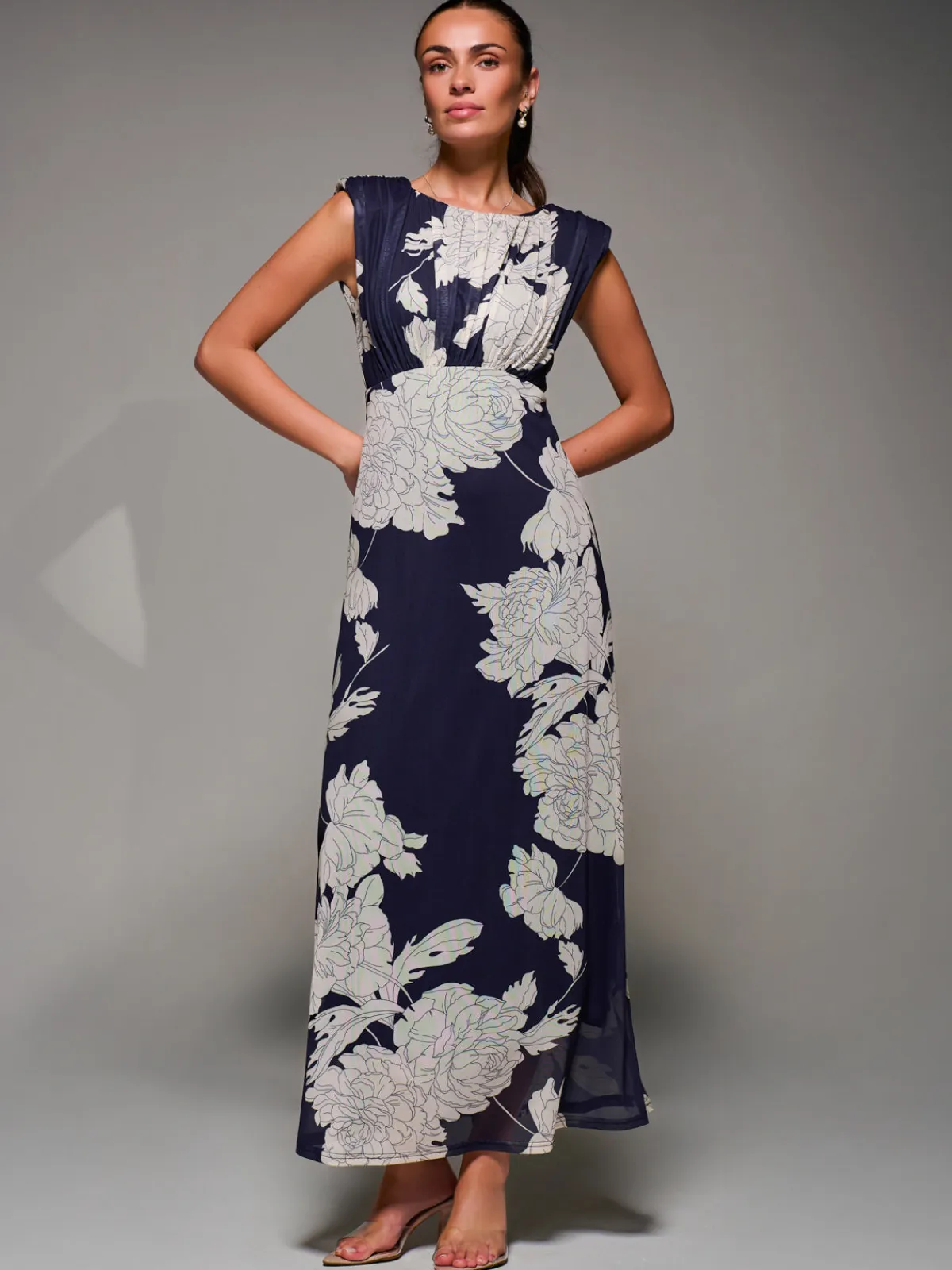 Jolie Moi Occasion Dresses|Floral Dresses-Slash Neck Fit & Flare Mesh Maxi Dress, Navy Floral