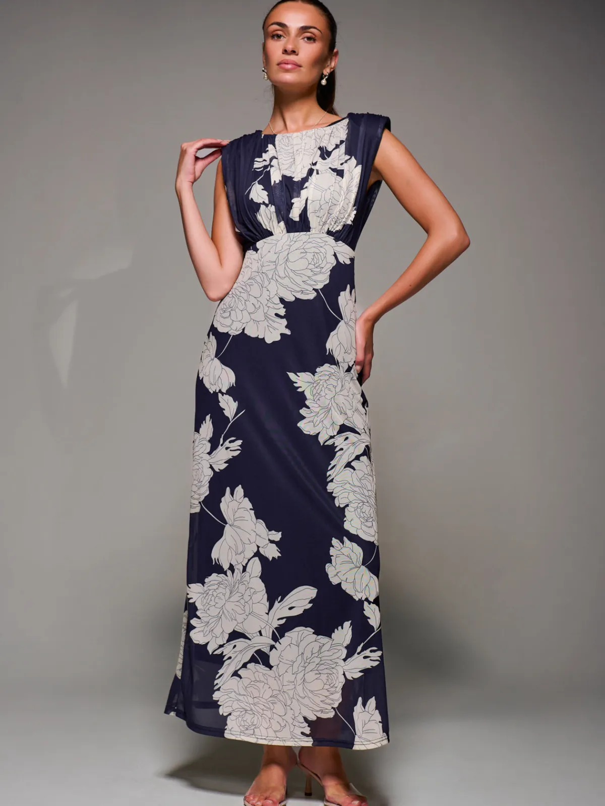 Jolie Moi Occasion Dresses|Floral Dresses-Slash Neck Fit & Flare Mesh Maxi Dress, Navy Floral