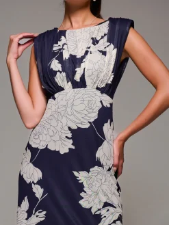 Jolie Moi Occasion Dresses|Floral Dresses-Slash Neck Fit & Flare Mesh Maxi Dress, Navy Floral