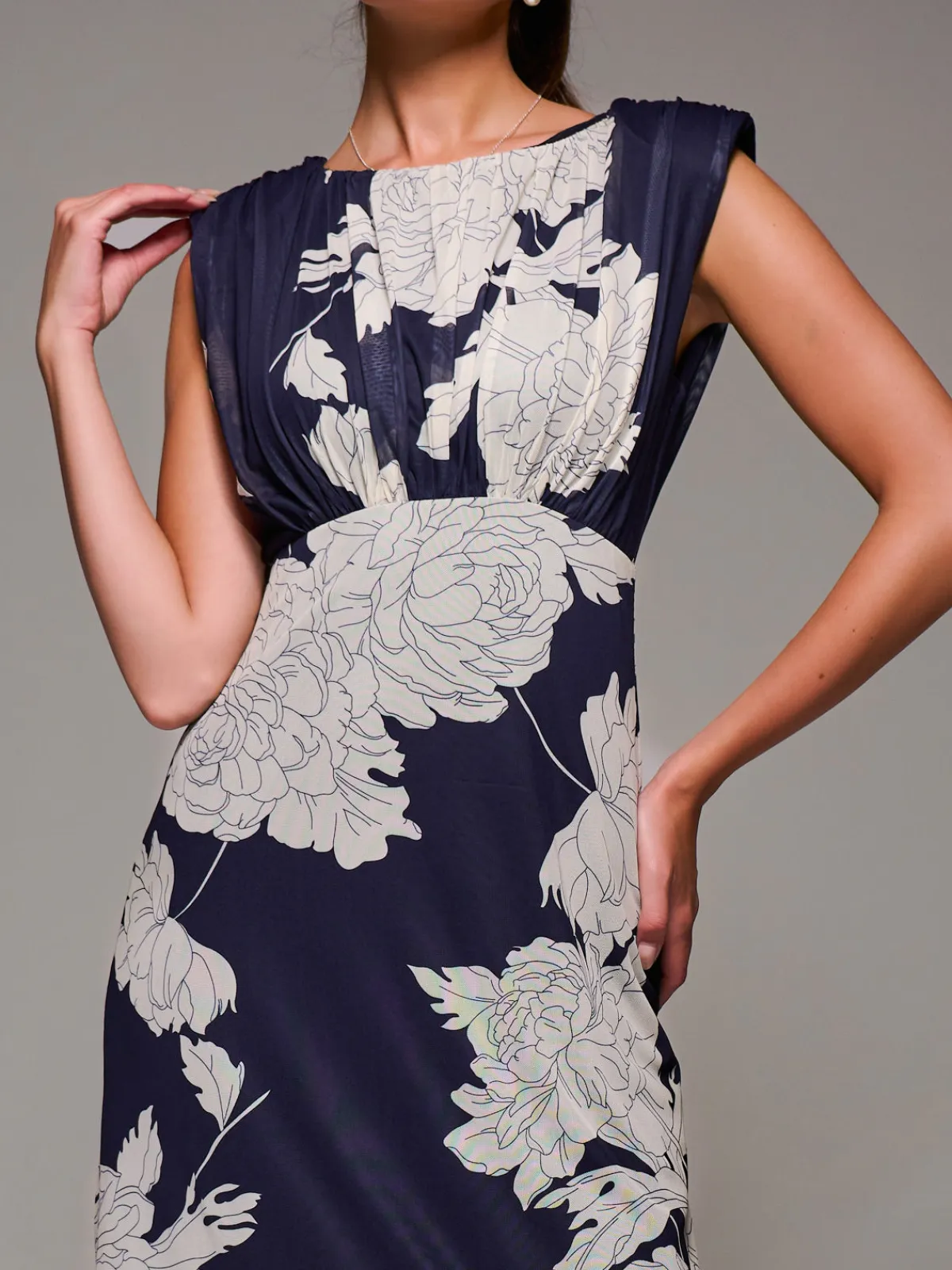 Jolie Moi Occasion Dresses|Floral Dresses-Slash Neck Fit & Flare Mesh Maxi Dress, Navy Floral
