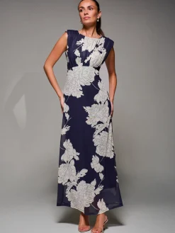 Jolie Moi Occasion Dresses|Floral Dresses-Slash Neck Fit & Flare Mesh Maxi Dress, Navy Floral