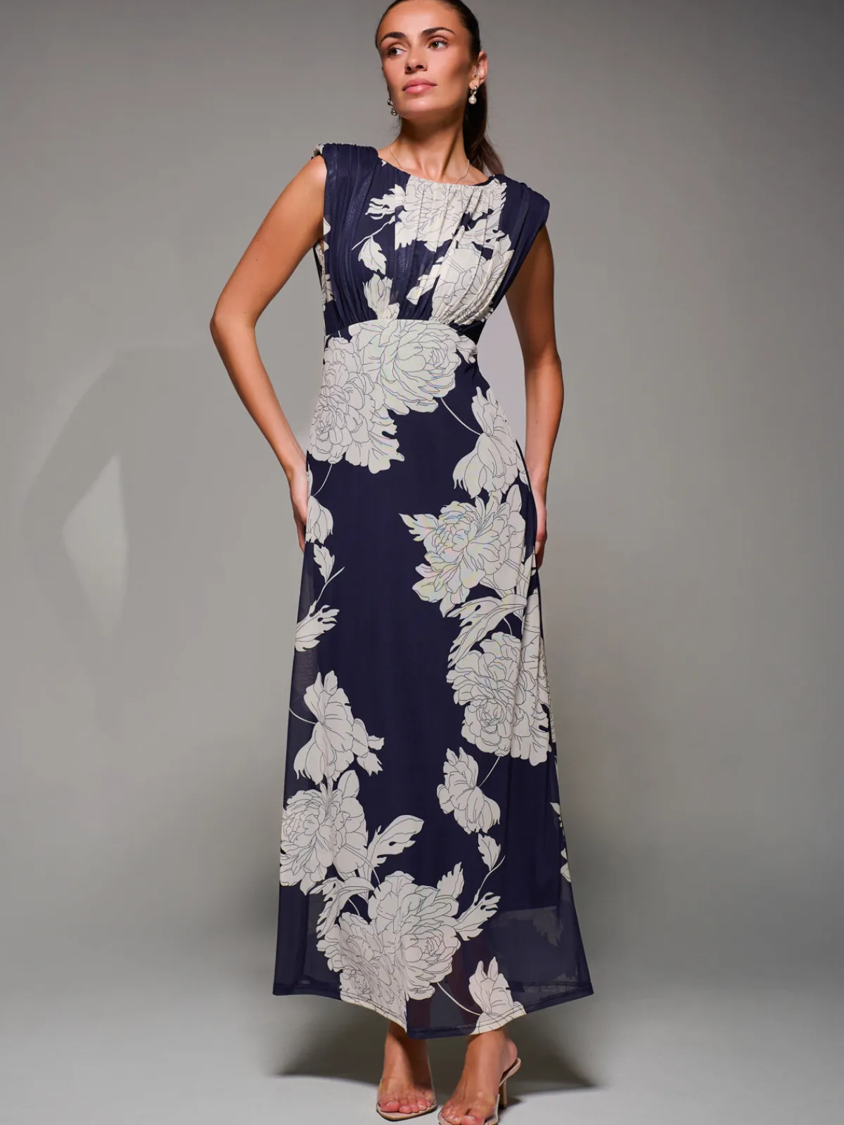 Jolie Moi Occasion Dresses|Floral Dresses-Slash Neck Fit & Flare Mesh Maxi Dress, Navy Floral