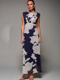 Jolie Moi Occasion Dresses|Floral Dresses-Slash Neck Fit & Flare Mesh Maxi Dress, Navy Floral