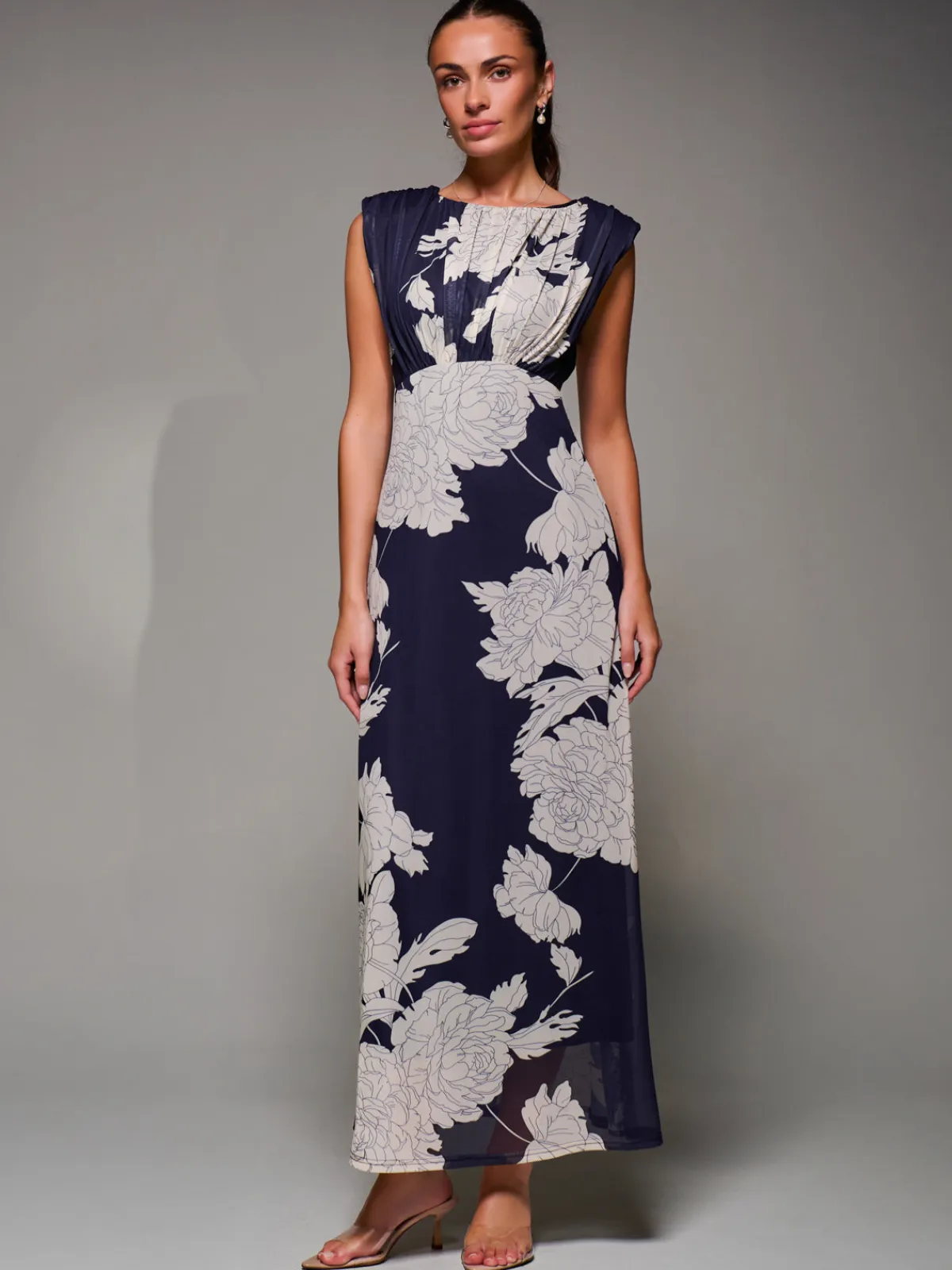 Jolie Moi Occasion Dresses|Floral Dresses-Slash Neck Fit & Flare Mesh Maxi Dress, Navy Floral
