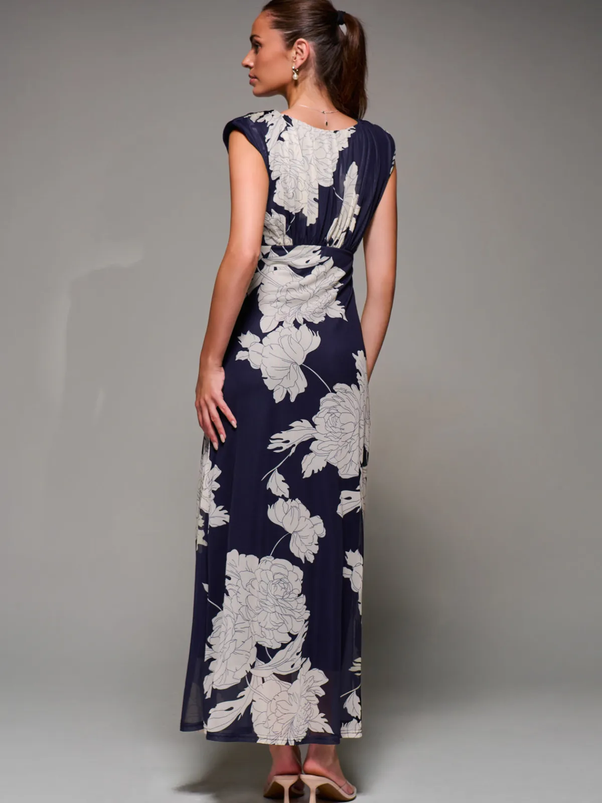 Jolie Moi Occasion Dresses|Floral Dresses-Slash Neck Fit & Flare Mesh Maxi Dress, Navy Floral