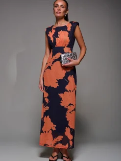 Jolie Moi Occasion Dresses|Floral Dresses-Slash Neck Fit & Flare Mesh Maxi Dress, Orange Floral