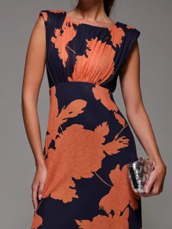 Jolie Moi Occasion Dresses|Floral Dresses-Slash Neck Fit & Flare Mesh Maxi Dress, Orange Floral