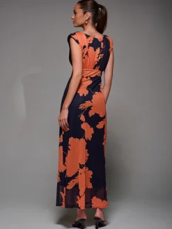 Jolie Moi Occasion Dresses|Floral Dresses-Slash Neck Fit & Flare Mesh Maxi Dress, Orange Floral