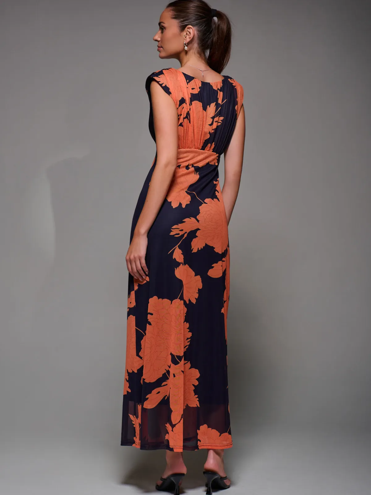 Jolie Moi Occasion Dresses|Floral Dresses-Slash Neck Fit & Flare Mesh Maxi Dress, Orange Floral