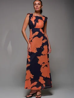 Jolie Moi Occasion Dresses|Floral Dresses-Slash Neck Fit & Flare Mesh Maxi Dress, Orange Floral