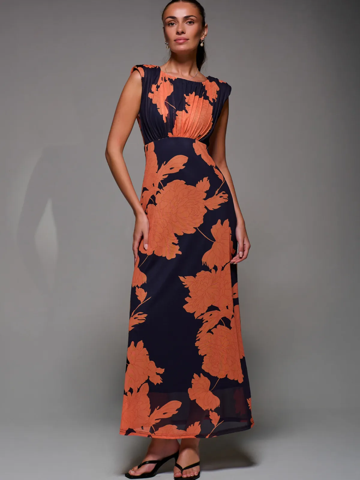 Jolie Moi Occasion Dresses|Floral Dresses-Slash Neck Fit & Flare Mesh Maxi Dress, Orange Floral