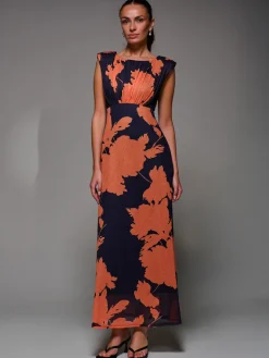 Jolie Moi Occasion Dresses|Floral Dresses-Slash Neck Fit & Flare Mesh Maxi Dress, Orange Floral