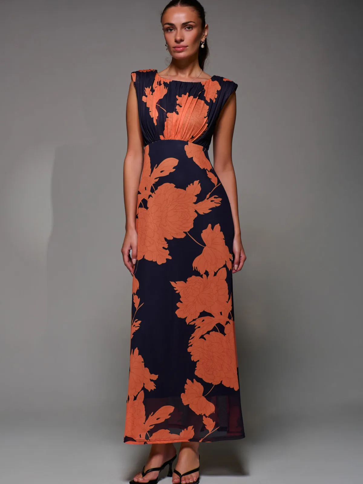 Jolie Moi Occasion Dresses|Floral Dresses-Slash Neck Fit & Flare Mesh Maxi Dress, Orange Floral
