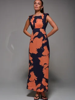 Jolie Moi Occasion Dresses|Floral Dresses-Slash Neck Fit & Flare Mesh Maxi Dress, Orange Floral