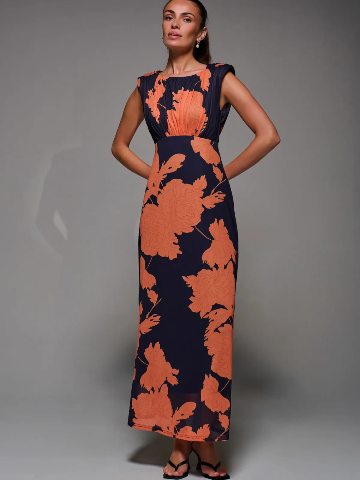 Jolie Moi Occasion Dresses|Floral Dresses-Slash Neck Fit & Flare Mesh Maxi Dress, Orange Floral