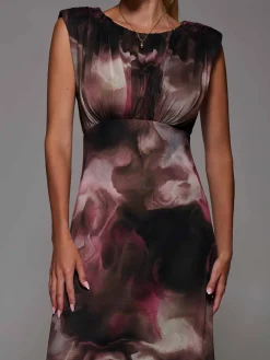 Jolie Moi Occasion Dresses|Sleeveless Dresses- Slash Neck Fit & Flare Mesh Maxi Dress Pink Abstract