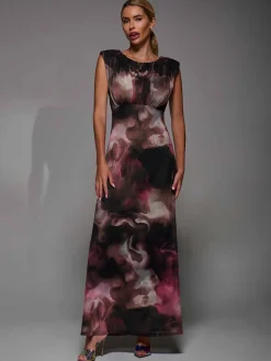 Jolie Moi Occasion Dresses|Sleeveless Dresses- Slash Neck Fit & Flare Mesh Maxi Dress Pink Abstract