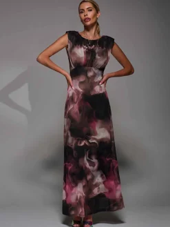 Jolie Moi Occasion Dresses|Sleeveless Dresses- Slash Neck Fit & Flare Mesh Maxi Dress Pink Abstract