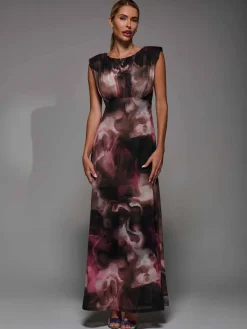 Jolie Moi Occasion Dresses|Sleeveless Dresses- Slash Neck Fit & Flare Mesh Maxi Dress Pink Abstract