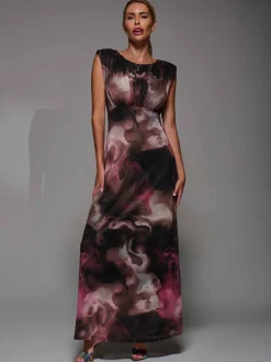Jolie Moi Occasion Dresses|Sleeveless Dresses- Slash Neck Fit & Flare Mesh Maxi Dress Pink Abstract
