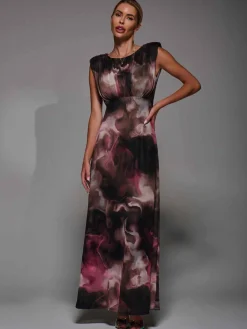 Jolie Moi Occasion Dresses|Sleeveless Dresses- Slash Neck Fit & Flare Mesh Maxi Dress Pink Abstract