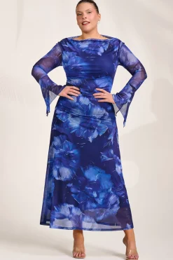 Jolie Moi Occasion Dresses|Mesh Dresses-Slash Neck Mesh Maxi Dress, Blue Abstract