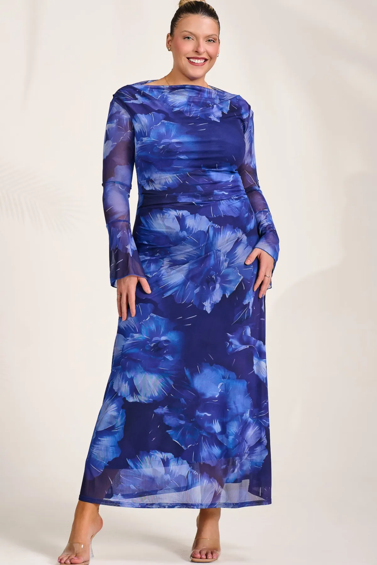 Jolie Moi Occasion Dresses|Mesh Dresses-Slash Neck Mesh Maxi Dress, Blue Abstract