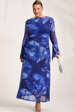 Jolie Moi Occasion Dresses|Mesh Dresses-Slash Neck Mesh Maxi Dress, Blue Abstract
