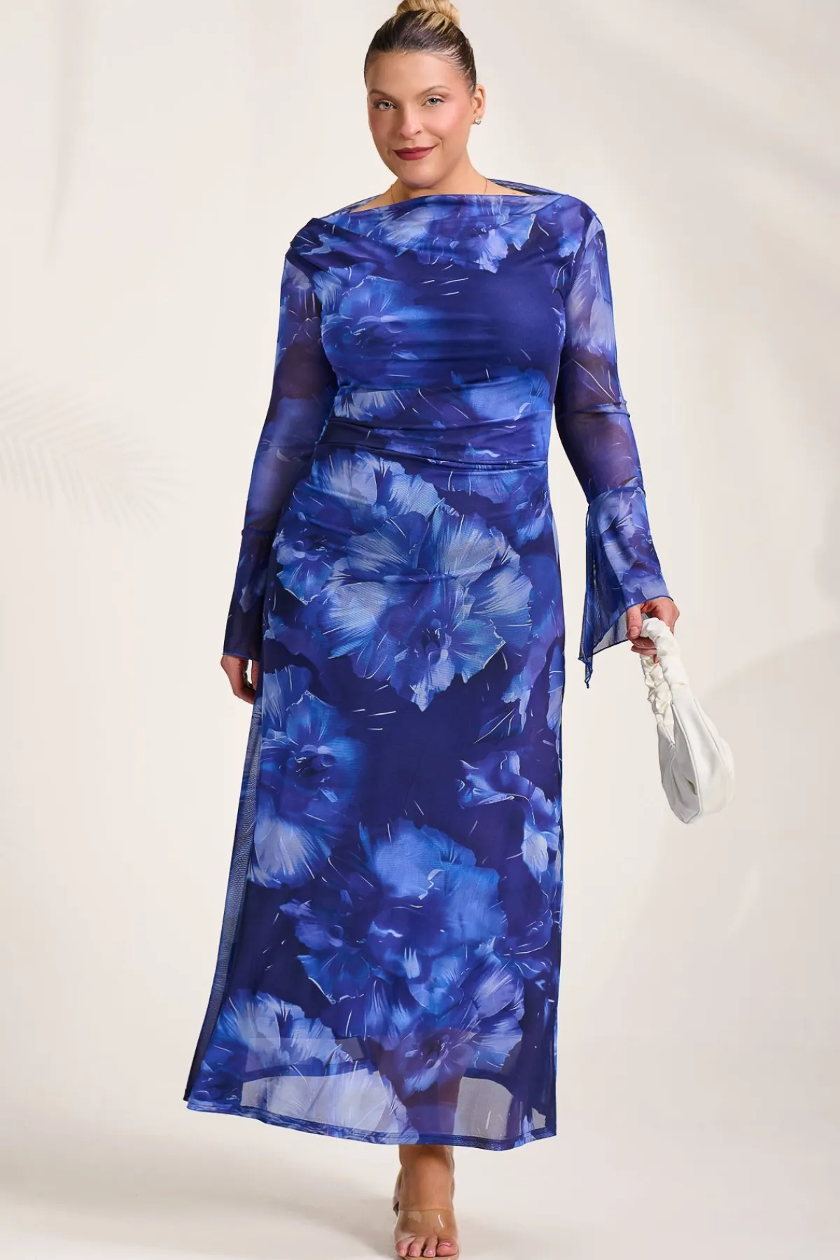 Jolie Moi Occasion Dresses|Mesh Dresses-Slash Neck Mesh Maxi Dress, Blue Abstract