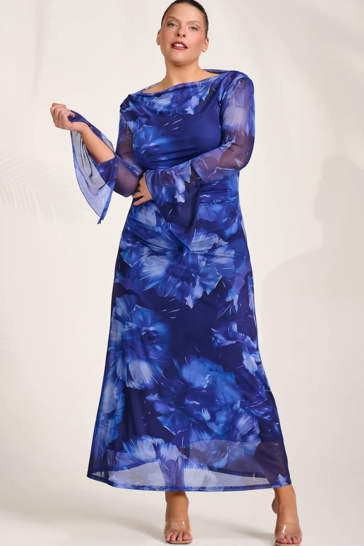 Jolie Moi Occasion Dresses|Mesh Dresses-Slash Neck Mesh Maxi Dress, Blue Abstract